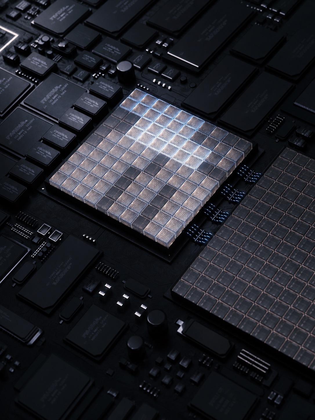 AI processor modules on a dark circuit board